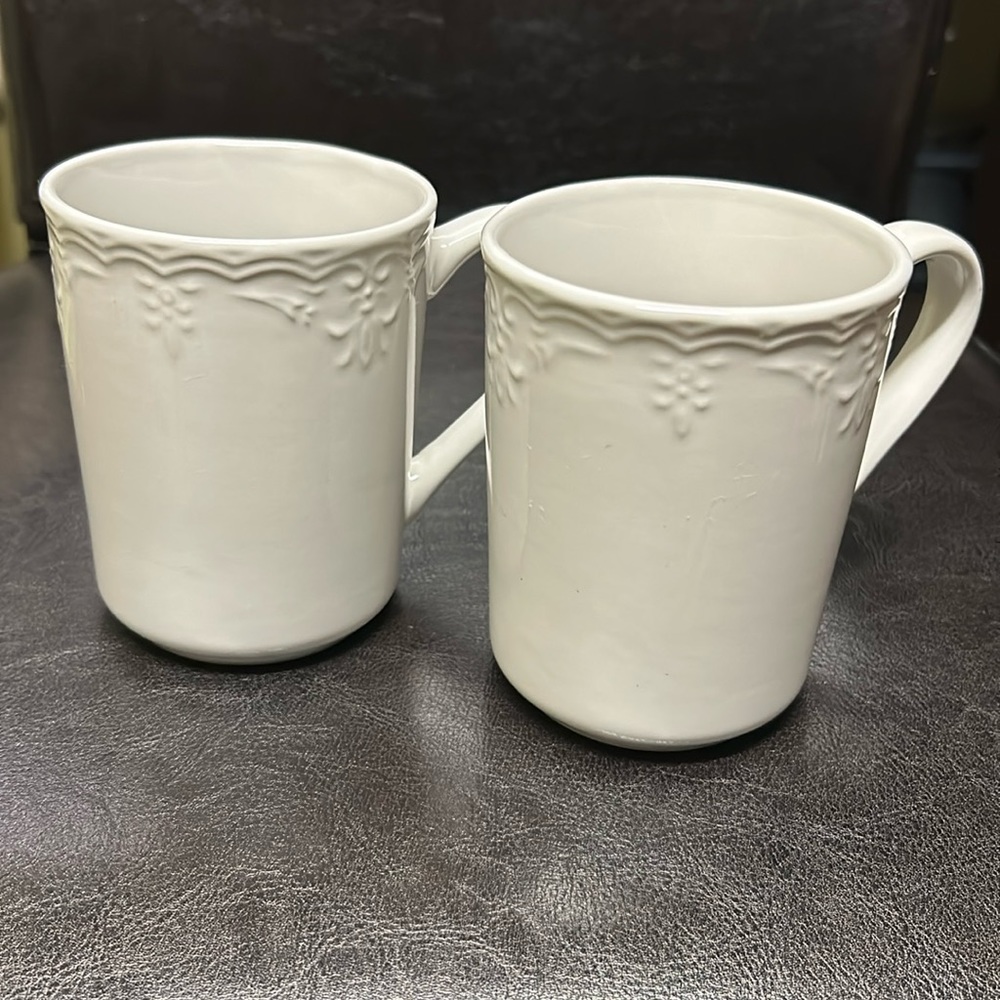 Tabletops Gallery Embossed Bone White Porcelain mugs. Set of two